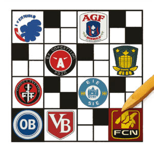 Krydsord med logoer fra danske boldklubber som hjælp til at løse fodboldrelaterede ledetråde.