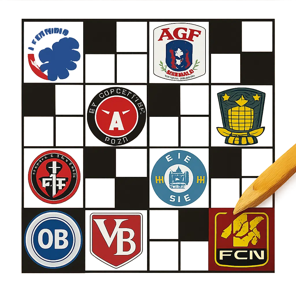 Krydsord med logoer fra danske boldklubber som hjælp til at løse fodboldrelaterede ledetråde.