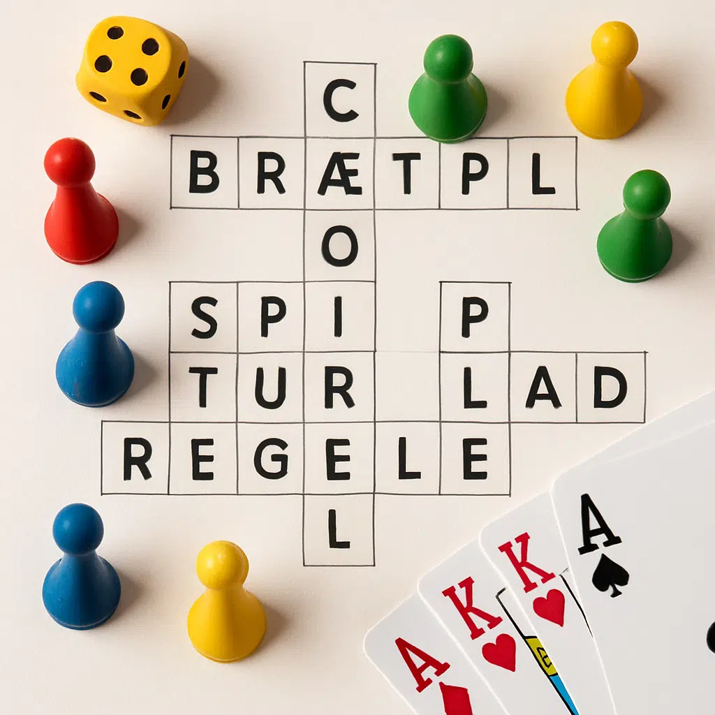 Krydsord med ord om brætspil flankeret af terninger, spillebrikker og kort