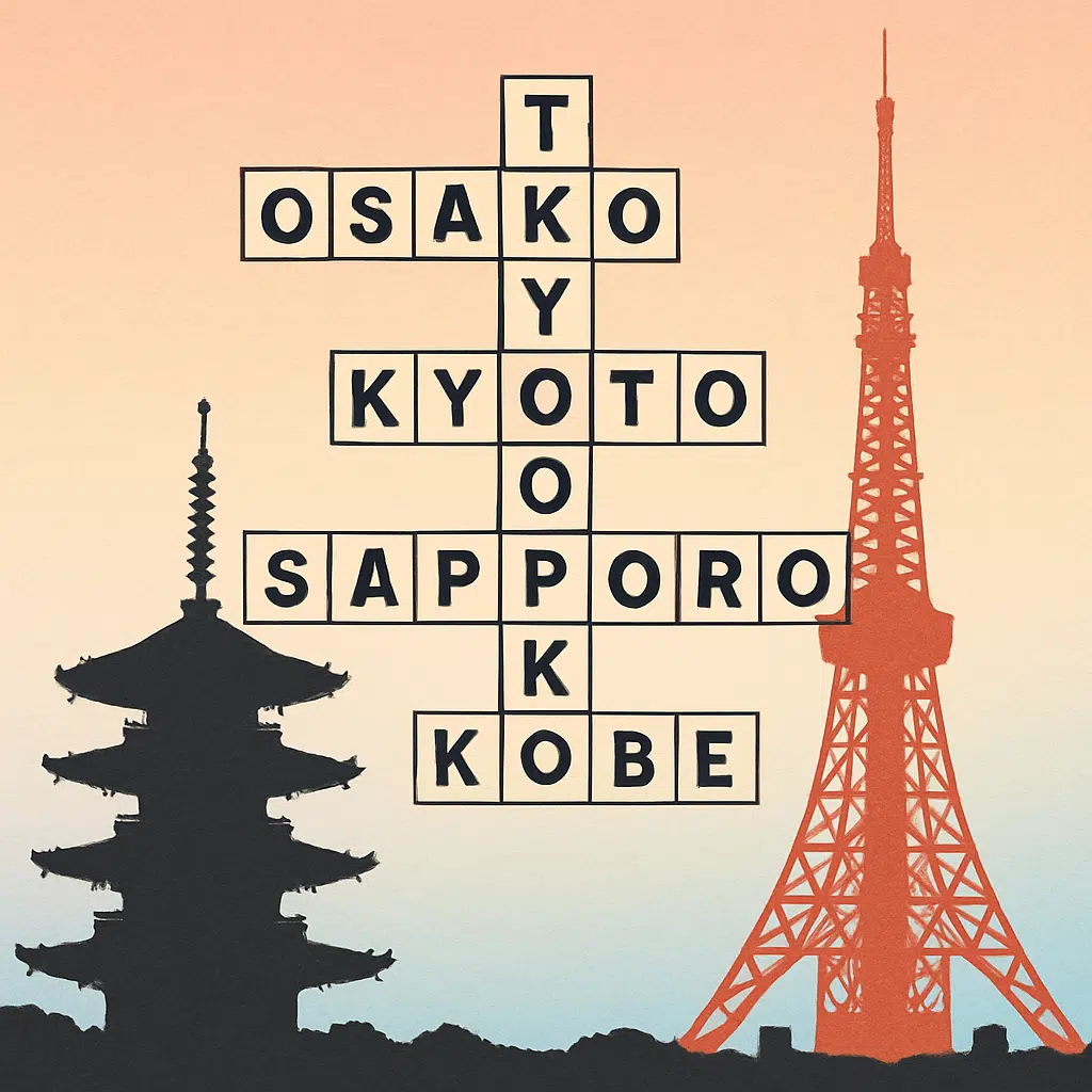 Krydsord med japanske bynavne på papir, Tokyo, Kyoto og Osaka klar til løsning