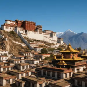 Historisk by i Tibet: udsigt til Lhasa med Potala-paladset og Jokhang-templet mod blå himmel