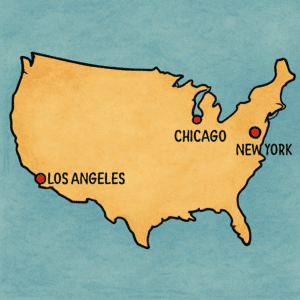 Illustration af by i USA til krydsord: Kort med bynavne som New York, Los Angeles og Chicago