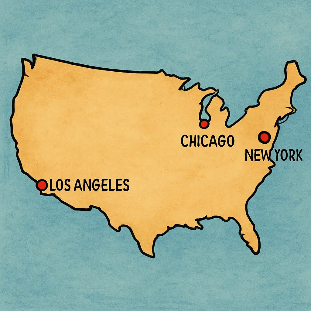 Illustration af by i USA til krydsord: Kort med bynavne som New York, Los Angeles og Chicago