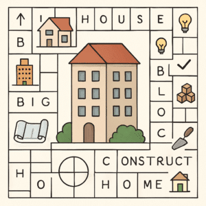 Illustration af en bygning omgivet af krydsordsgitter med løsningsord, synonymer og tips