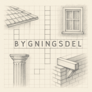 Krydsord med 'BYGNINGSDEL' fremhævet i blyant og illustrationer af byggedele i baggrunden