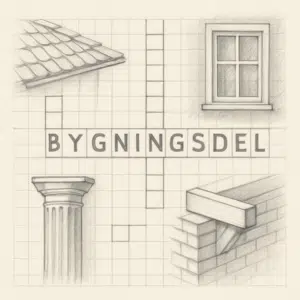 Krydsord med 'BYGNINGSDEL' fremhævet i blyant og illustrationer af byggedele i baggrunden