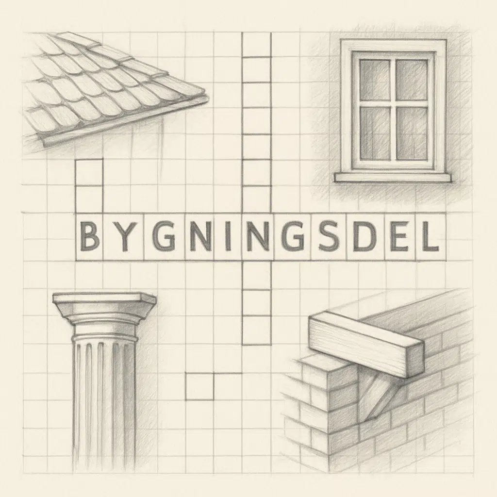 Krydsord med 'BYGNINGSDEL' fremhævet i blyant og illustrationer af byggedele i baggrunden