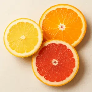 Citron, appelsin og grape skåret i skiver – saftige citrusfrugter til krydsord