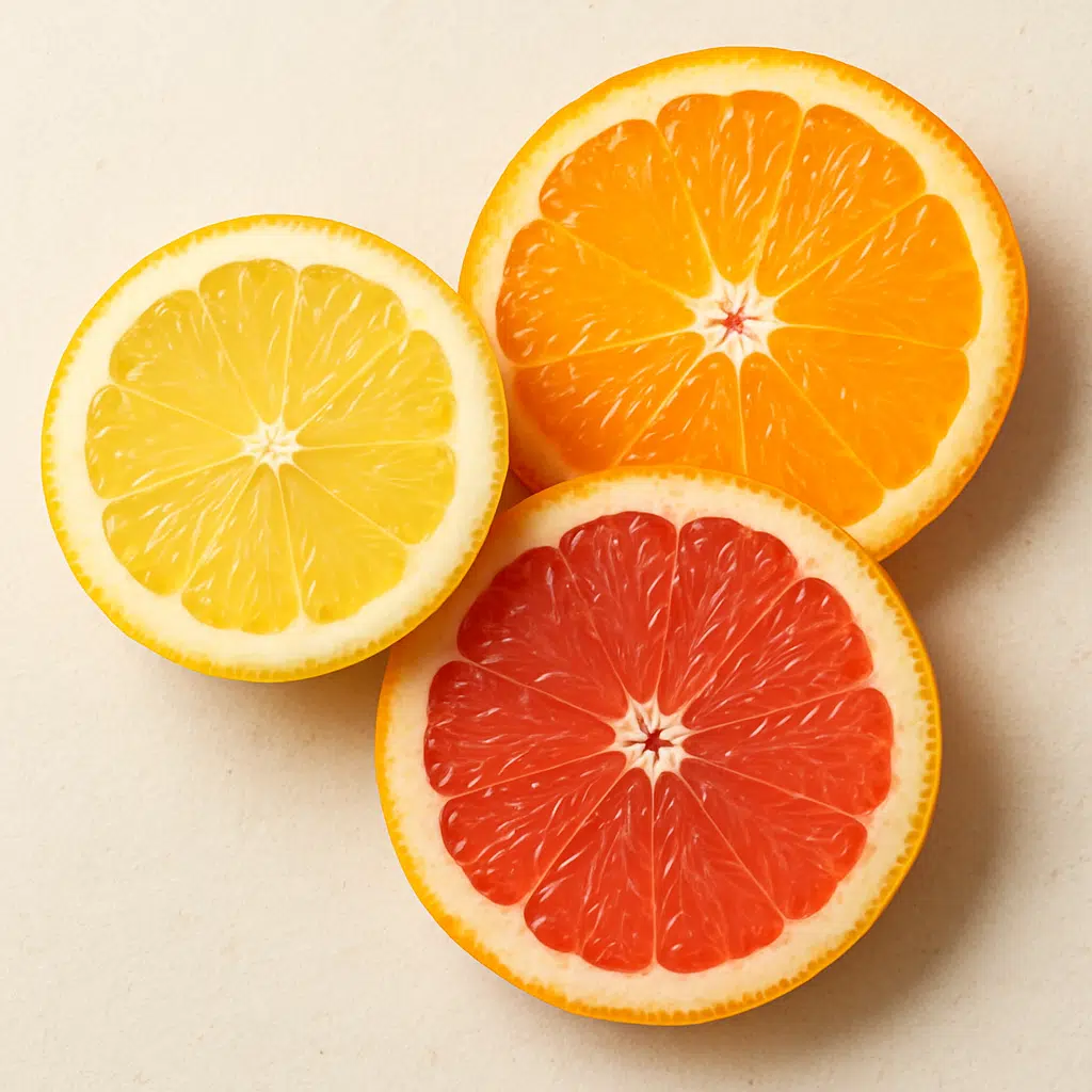 Citron, appelsin og grape skåret i skiver – saftige citrusfrugter til krydsord