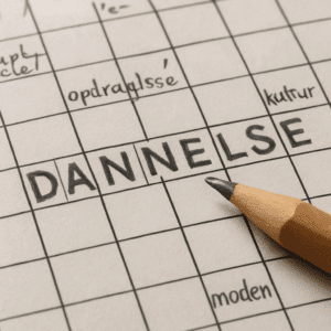 Nærbillede af et dansk DANNELSE-krydsord med synonymer, løsninger og blyant klar ved siden af