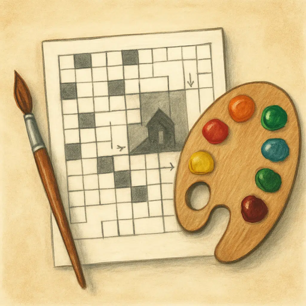 Krydsord med spor til dansk maler omgivet af pensel og farvepalet