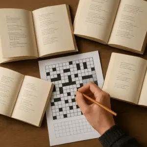 Person skriver i digt krydsord med blyant, omgivet af åbne digtsamlinger og poetisk inspiration