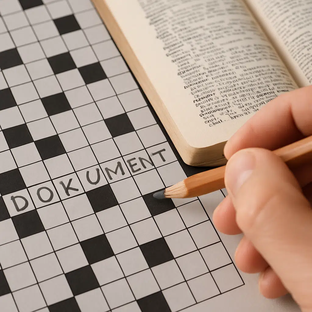 Nærbillede af hånd, der skriver "dokument" i et krydsord med blyant og åben ordbog til hjælp.