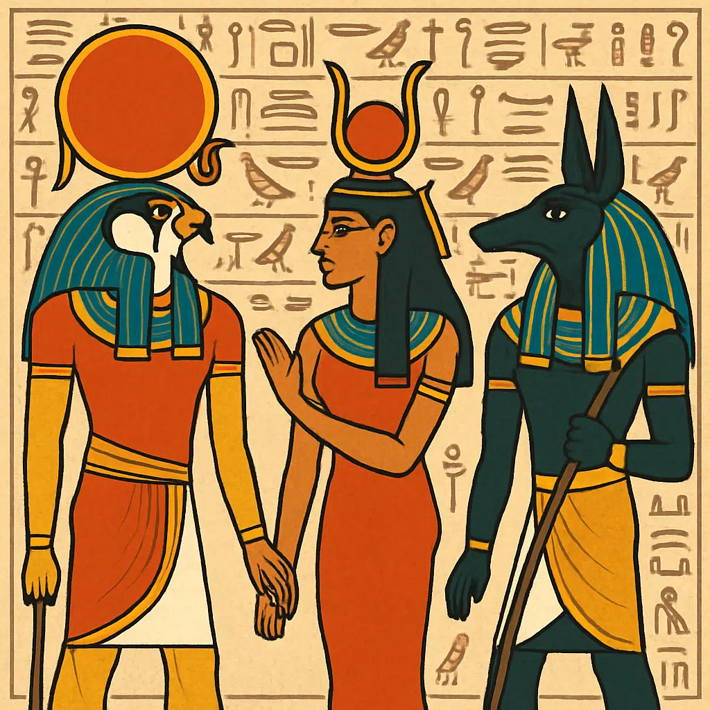 Illustration af egyptiske guder Ra, Isis og Anubis med hieroglyffer i baggrund – krydsordsløsningstema