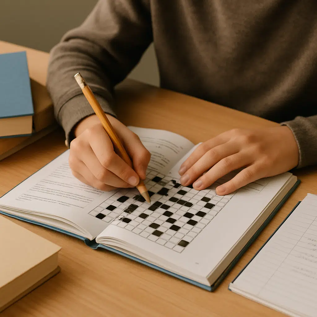 Elev løser krydsord i skolebog med blyant; bøger og noter ligger klar.