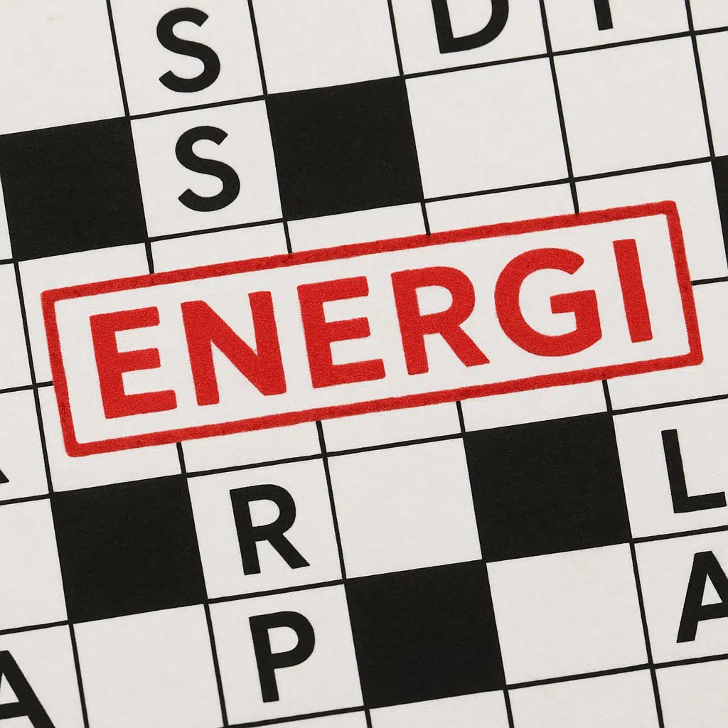 Illustration af krydsord med ordet ENERGI fremhævet, omgivet af synonymer og løsningsord til inspiration