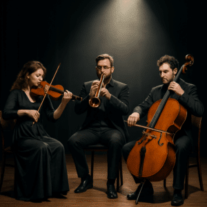 Musikensemble med violin, trompet og cello på scene med spotlight