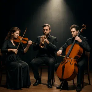 Musikensemble med violin, trompet og cello på scene med spotlight