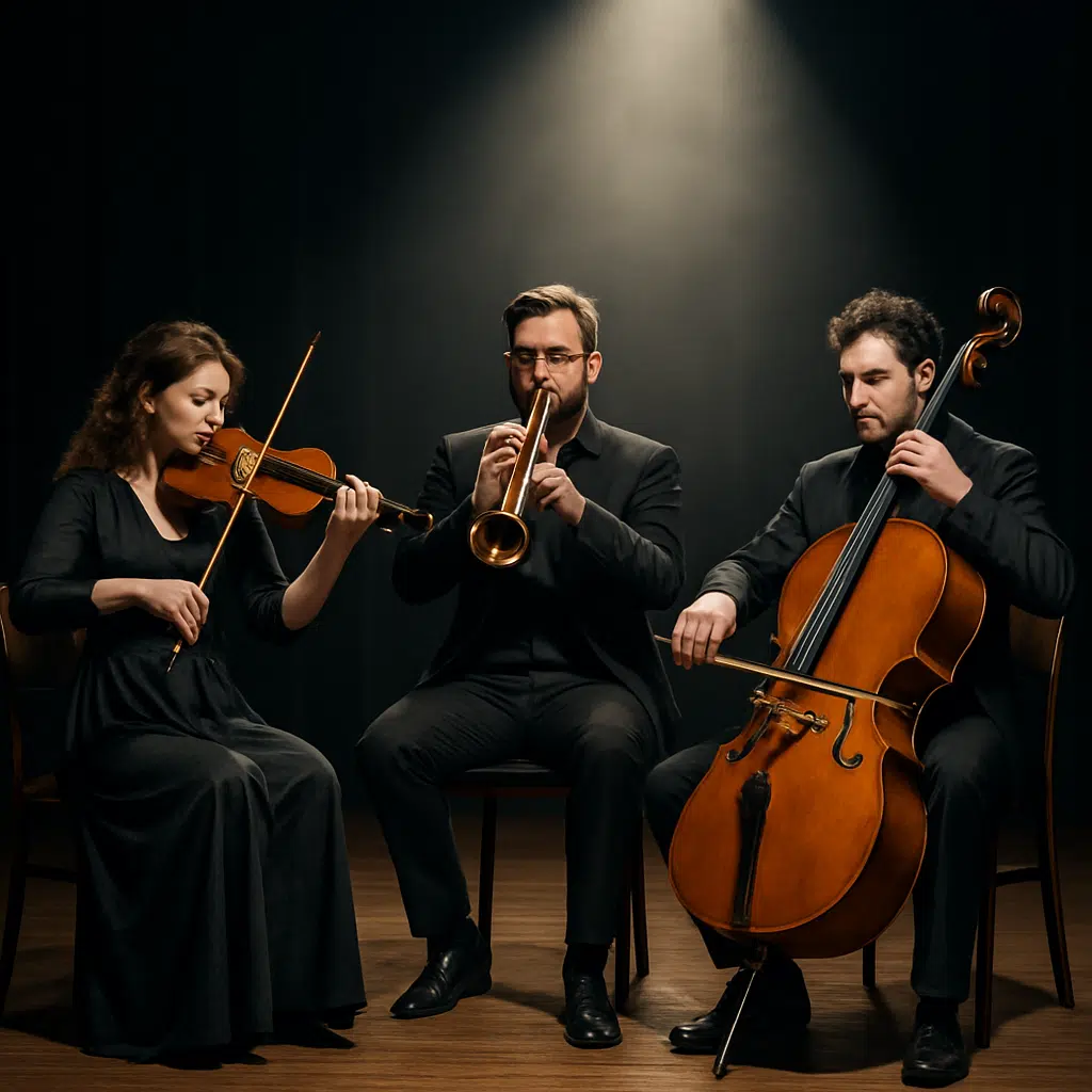 Musikensemble med violin, trompet og cello på scene med spotlight