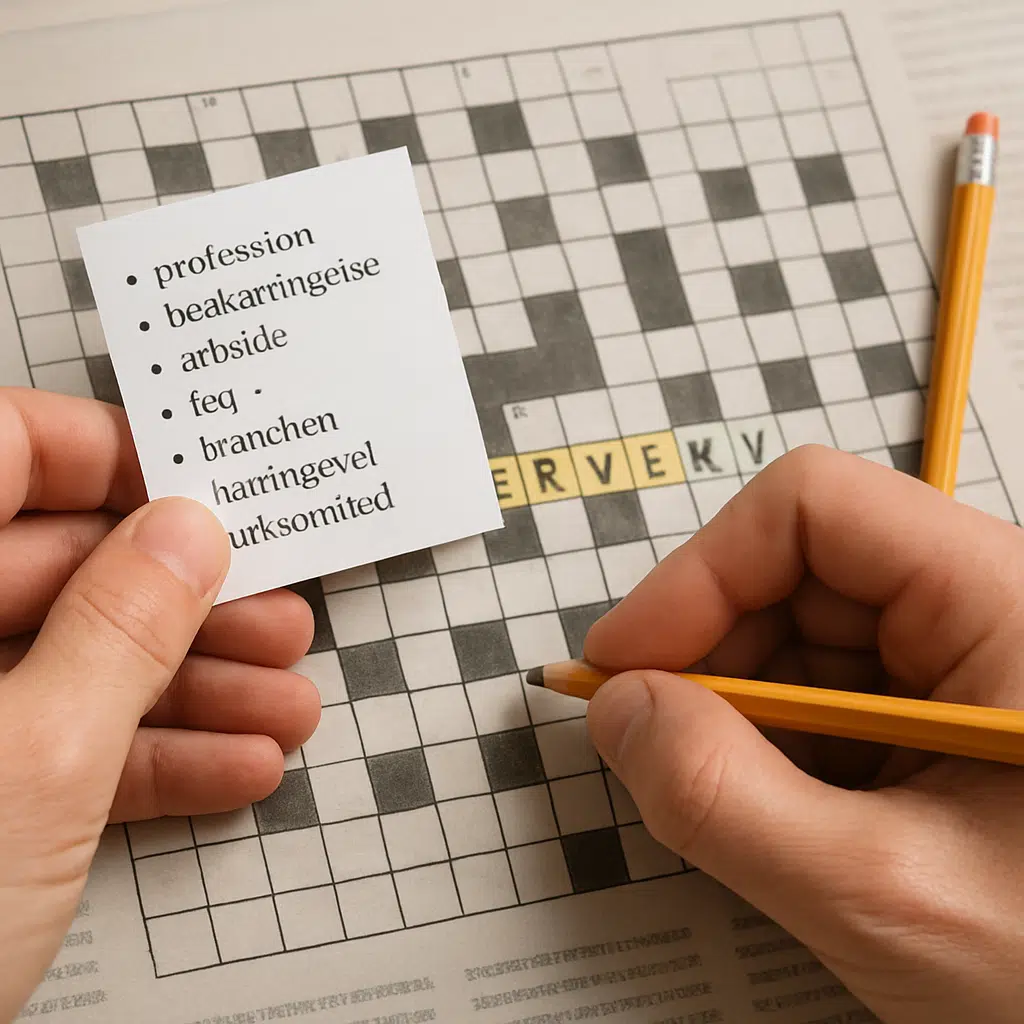 Hænder løser krydsord, hvor erhverv er fremhævet med liste over synonymer og blyant ved siden af