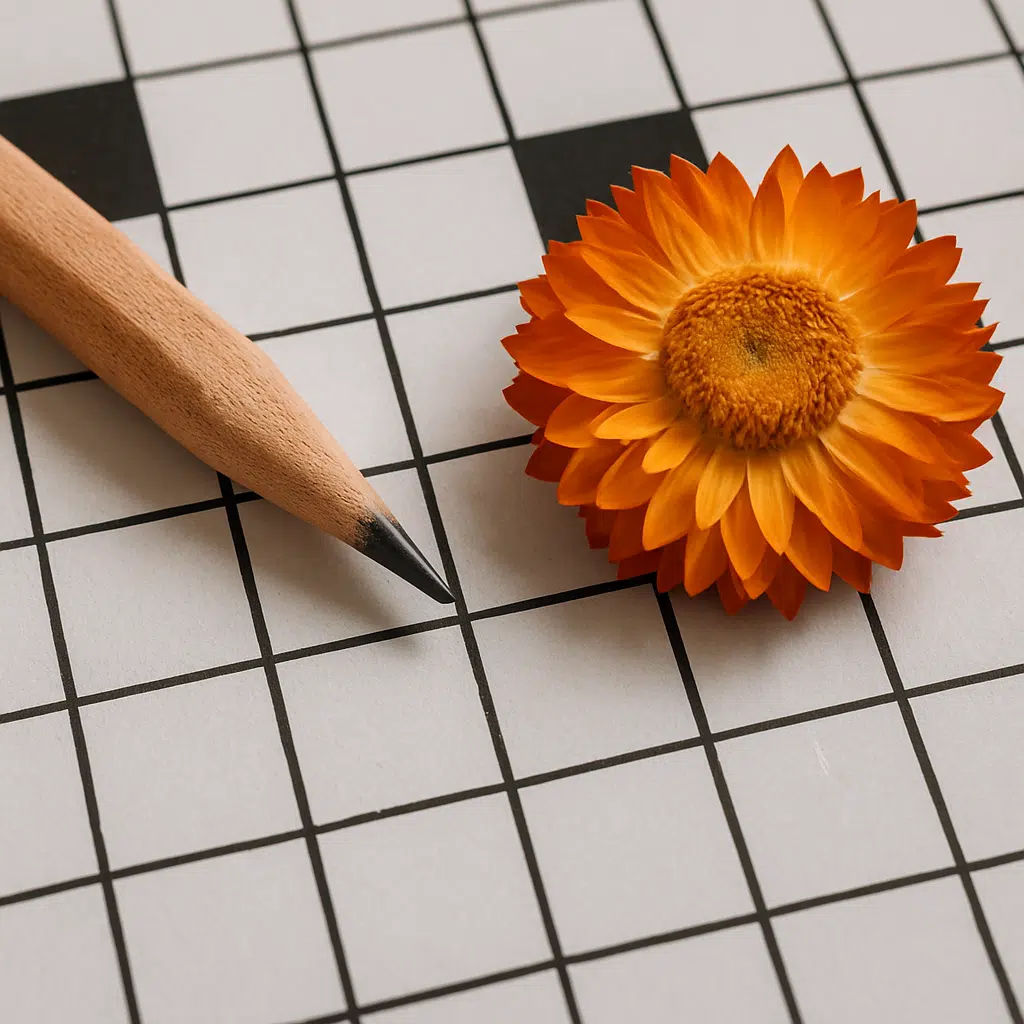 Nærbillede af et dansk krydsord med blyant og en tørret evighedsblomst.