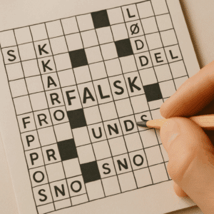 Person udfylder krydsord med ordet ’falsk’ markeret, omgivet af skarpe synonymer på papir