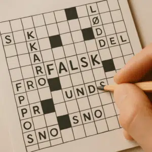 Person udfylder krydsord med ordet ’falsk’ markeret, omgivet af skarpe synonymer på papir