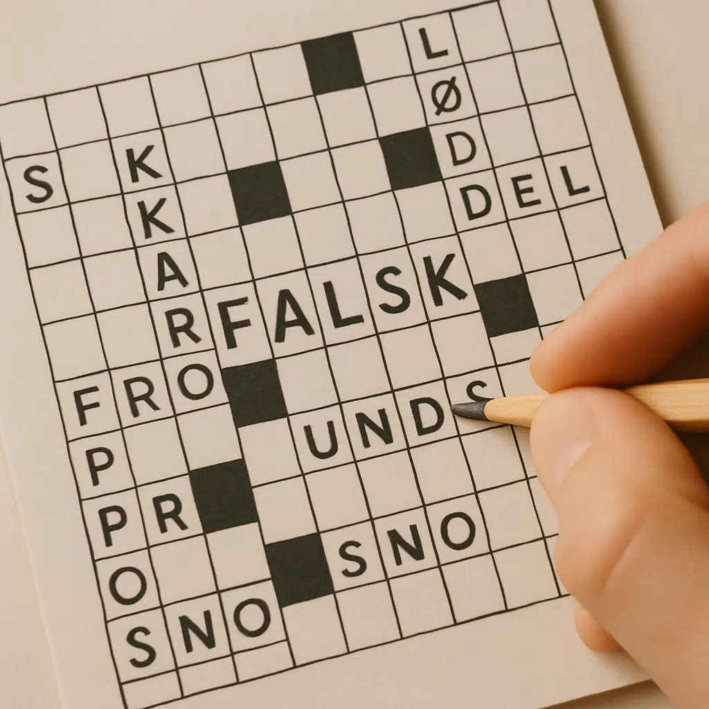 Person udfylder krydsord med ordet ’falsk’ markeret, omgivet af skarpe synonymer på papir