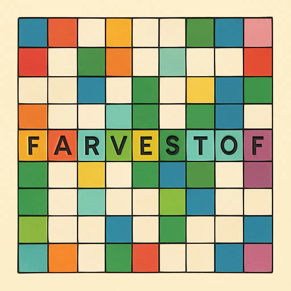 Krydsord med farvestof-tema: farverige felter, bogstaver og skygger der hjælper med farveledetråde