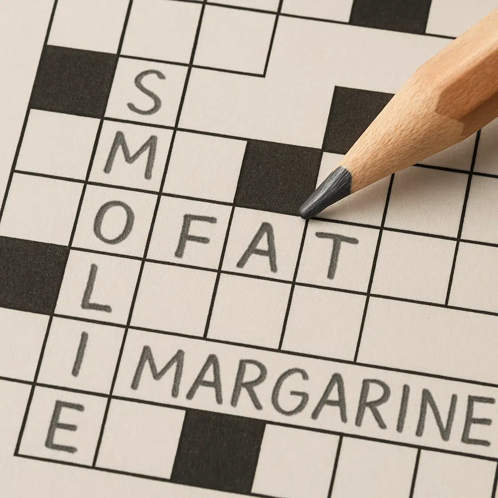 Nærbillede af et krydsord om fedtstoffer med blyant, hvor synonymer som smør, olie og margarine udfyldes