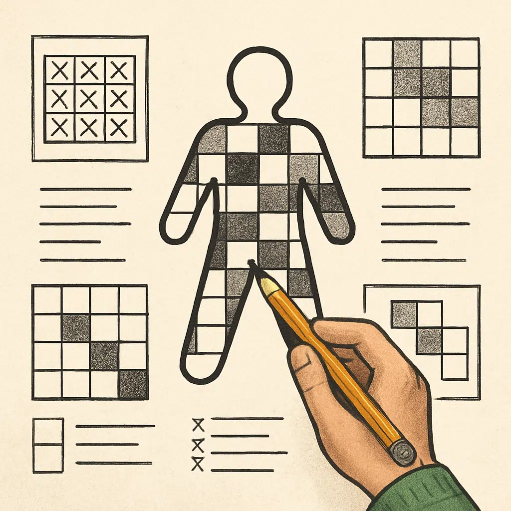 Person peger med blyant på krydsordsfigur omgivet af ledetråde og diagrammer for hurtige løsninger