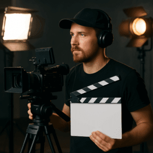 Filmmand med kamera og klap holder opsyn på filmoptagelse i professionelt studie