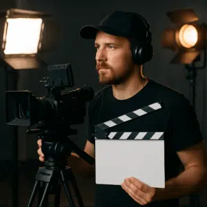 Filmmand med kamera og klap holder opsyn på filmoptagelse i professionelt studie