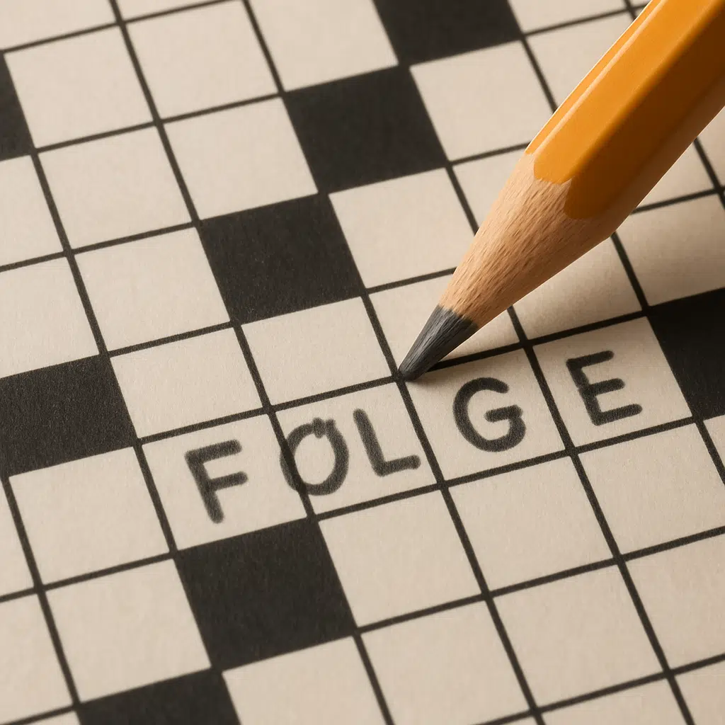 Krydsord med blyant markerer ordet 'følge' som løsningsforslag for at knække ledetrådene