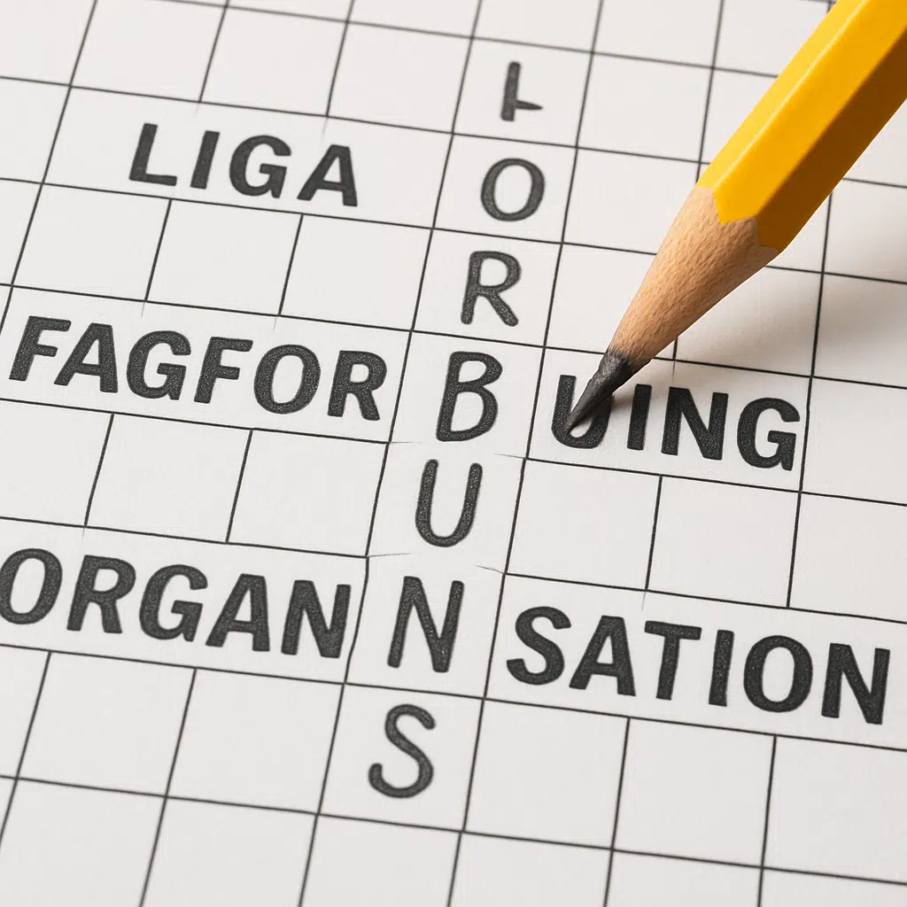 Blyant skriver “forbund” i en krydsordsrude, omgivet af forslag til synonymer og løsningsord.
