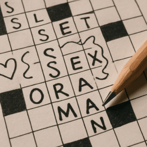 Nærbillede af fræk krydsord med blyant, pirrende gåder og smarte løsningsnoter på papir