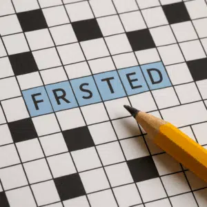 Krydsord med ordet FRISTED markeret i blåt og blyant til at afkode synonymer og løsningsforslag