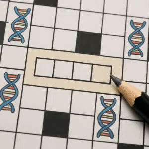 Krydsord med genetiske ledetråde og fremhævet løsningsord 'gene' klar til udfyldning