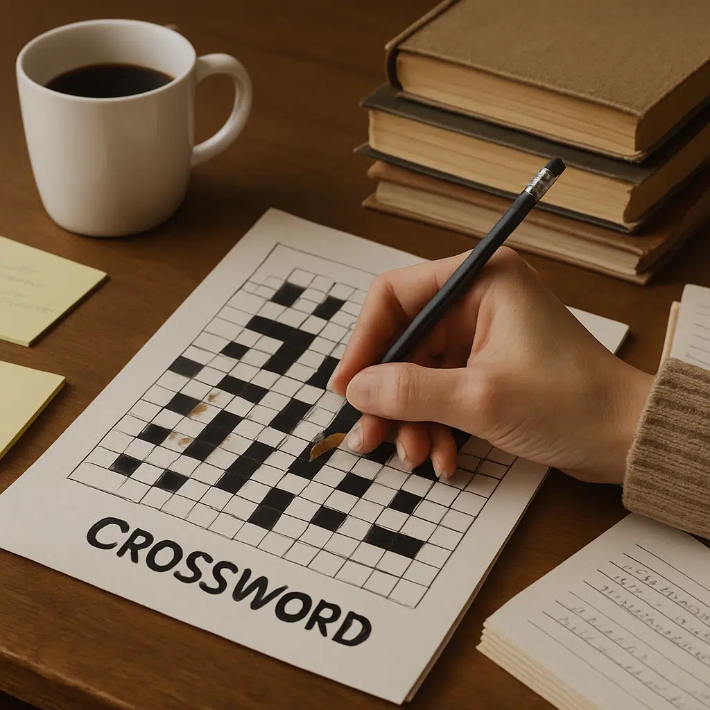 Nærbillede af person, der løser genre krydsord med blyant ved skrivebord fyldt med noter, bøger og kaffekop