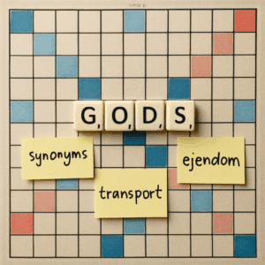 Billede af et krydsordbræt med ordet ’gods’ fremhævet og noter om synonymer, transport og ejendom