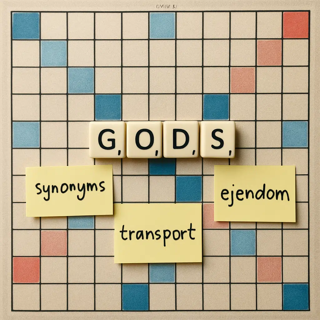Billede af et krydsordbræt med ordet ’gods’ fremhævet og noter om synonymer, transport og ejendom