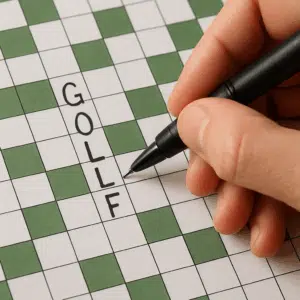Hånd med pen udfylder krydsord med ordet golfslag på papir med grønne og hvide felter