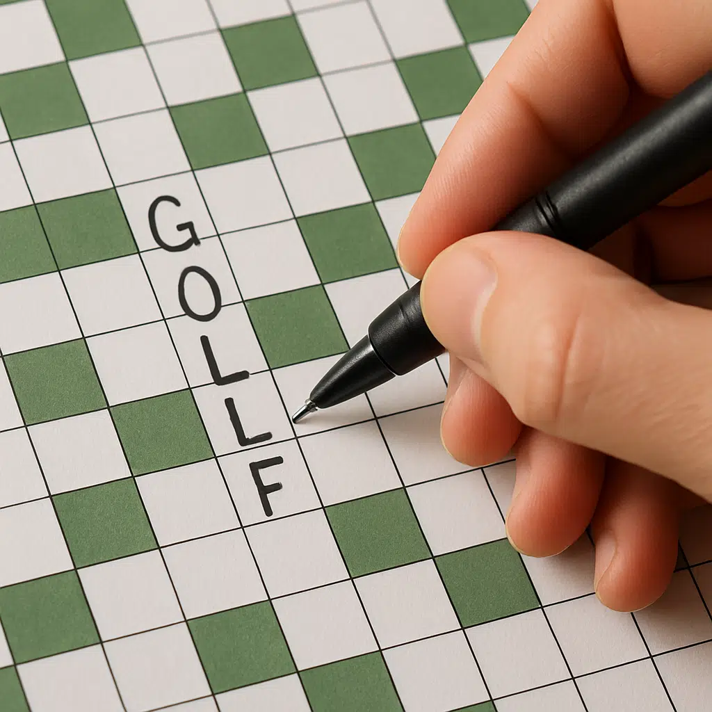 Hånd med pen udfylder krydsord med ordet golfslag på papir med grønne og hvide felter