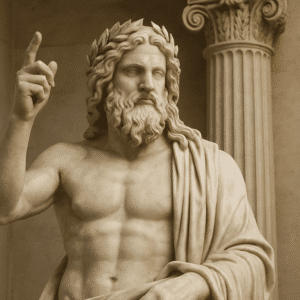 Marmorstatue af Zeus, græsk gud med laurbærkrans foran antik søjle