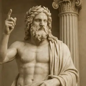 Marmorstatue af Zeus, græsk gud med laurbærkrans foran antik søjle