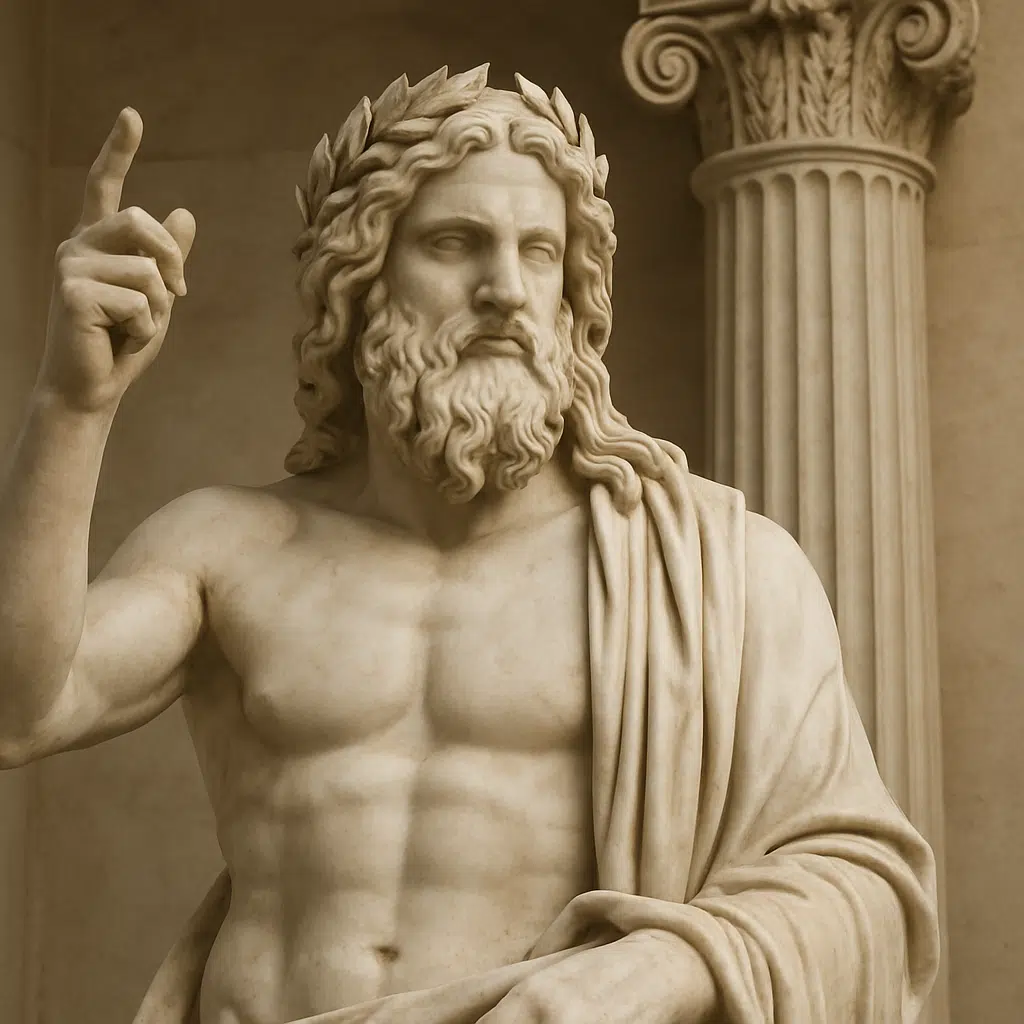 Marmorstatue af Zeus, græsk gud med laurbærkrans foran antik søjle