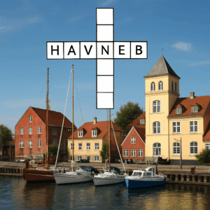 Krydsordsgrafik med ordet havneby over foto af dansk havneby med skibe og kaj