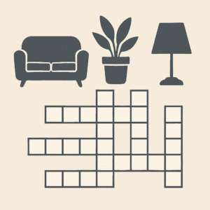 Krydsord med hjemmetema og ikoner af sofa, plante og lampe samlet til inspiration