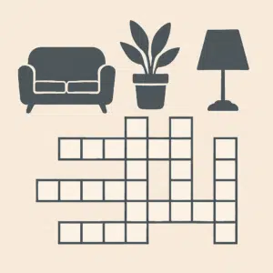 Krydsord med hjemmetema og ikoner af sofa, plante og lampe samlet til inspiration