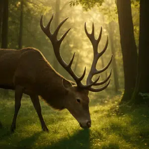 Voksen hjort med majestætisk gevir, som græsser stille i solbeskinnet skov.